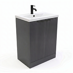 AquaSure Fluted Waterproof PVC Vanity Satin Anthracite - 600mm with Matt Black Handles