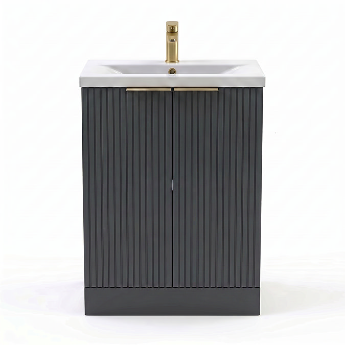 AquaSure Fluted Waterproof PVC Vanity Satin Anthracite - 600mm with Brushed Brass Handles