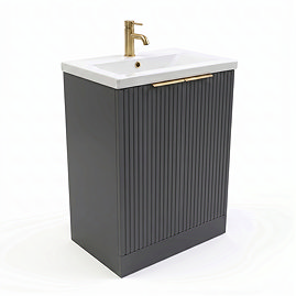 AquaSure Fluted Waterproof PVC Vanity Satin Anthracite - 600mm with Brushed Brass Handles