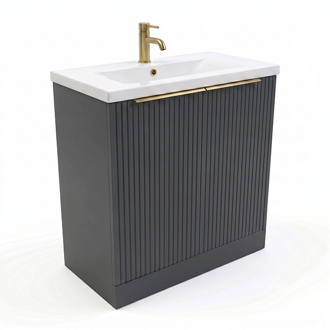 AquaSure Fluted Waterproof PVC Vanity Unit Satin Anthracite - 800mm with Brushed Brass Handles