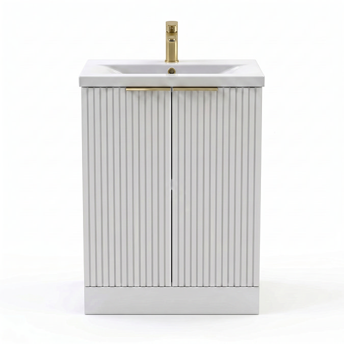 AquaSure Fluted Waterproof PVC Vanity Unit Satin White - 600mm with Brushed Brass Handles