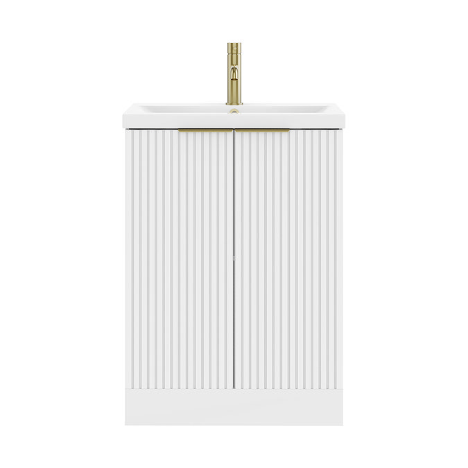 AquaSure Fluted Waterproof PVC Vanity Unit Satin White - 600mm with Brushed Brass Handles