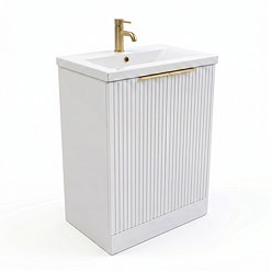 AquaSure Fluted Waterproof PVC Vanity Unit Satin White - 600mm with Brushed Brass Handles