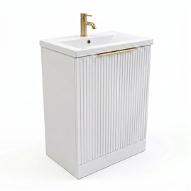 AquaSure Fluted Waterproof PVC Vanity Unit Satin White - 600mm with Brushed Brass Handles