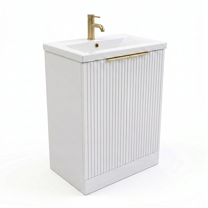 AquaSure Fluted Waterproof PVC Vanity Unit Satin White - 600mm with Brushed Brass Handles