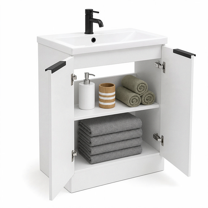 AquaSure Fluted Waterproof PVC Vanity Unit Satin White - 600mm with Matt Black Handles