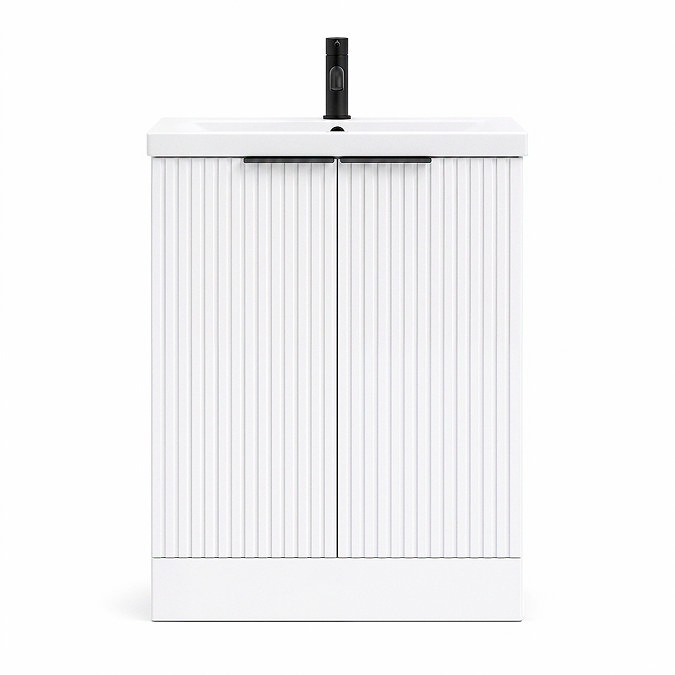 AquaSure Fluted Waterproof PVC Vanity Unit Satin White - 600mm with Matt Black Handles