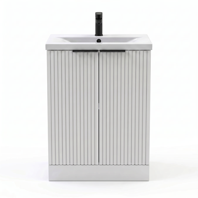 AquaSure Fluted Waterproof PVC Vanity Unit Satin White - 600mm with Matt Black Handles
