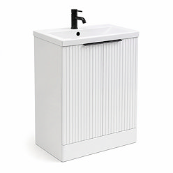 AquaSure Fluted Waterproof PVC Vanity Unit Satin White - 600mm with Matt Black Handles