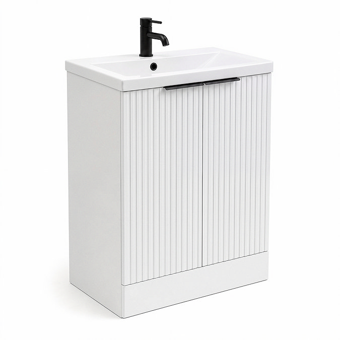AquaSure Fluted Waterproof PVC Vanity Unit Satin White - 600mm with Matt Black Handles