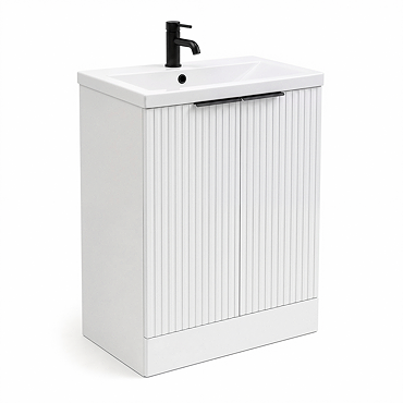 AquaSure Fluted Waterproof PVC Vanity Unit Satin White - 600mm with Matt Black Handles