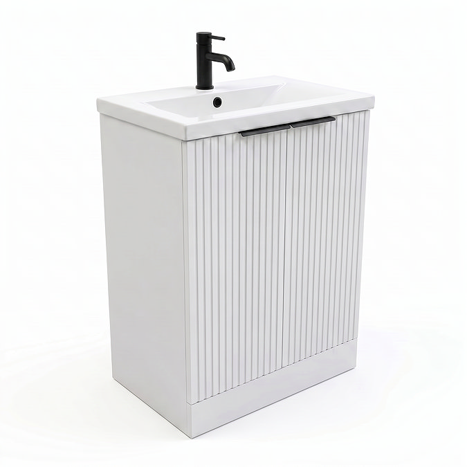 AquaSure Fluted Waterproof PVC Vanity Unit Satin White - 600mm with Matt Black Handles