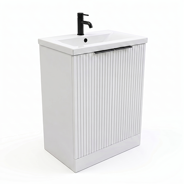 AquaSure Fluted Waterproof PVC Vanity Unit Satin White - 600mm with Matt Black Handles