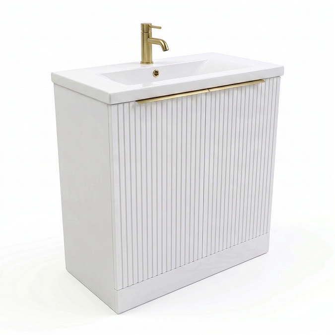 AquaSure Fluted Waterproof PVC Vanity Unit Satin White - 800mm with Brushed Brass Handles