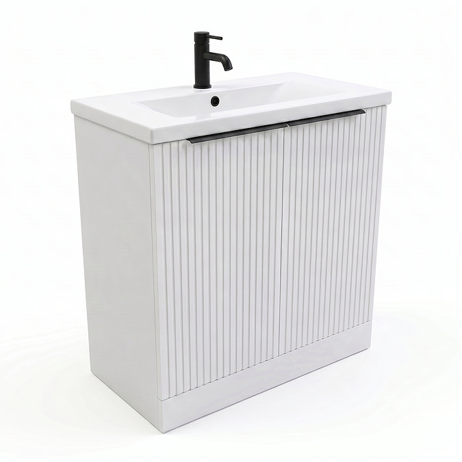 AquaSure Fluted Waterproof PVC Vanity Unit Satin White - 800mm with Matt Black Handles