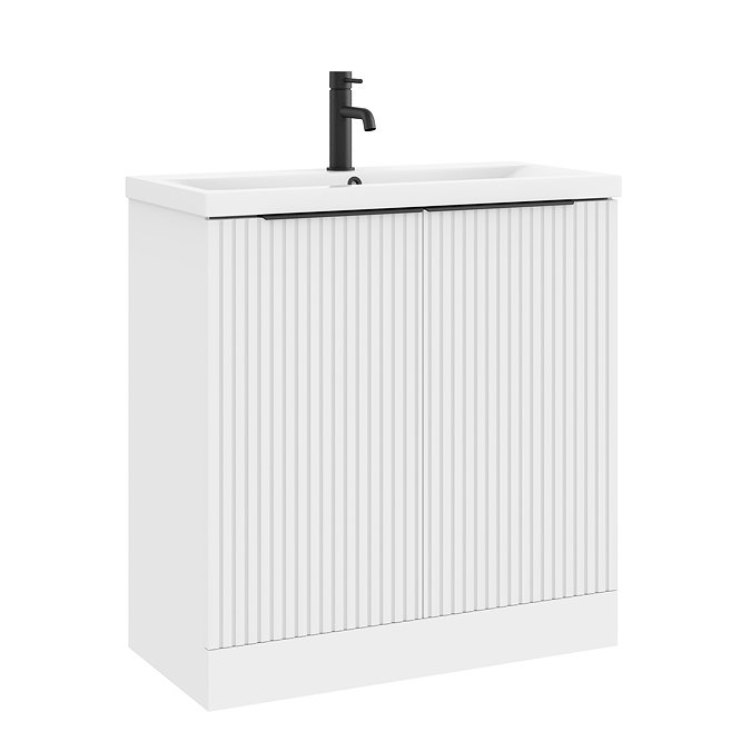 AquaSure Fluted Waterproof PVC Vanity Unit Satin White - 800mm with Matt Black Handles