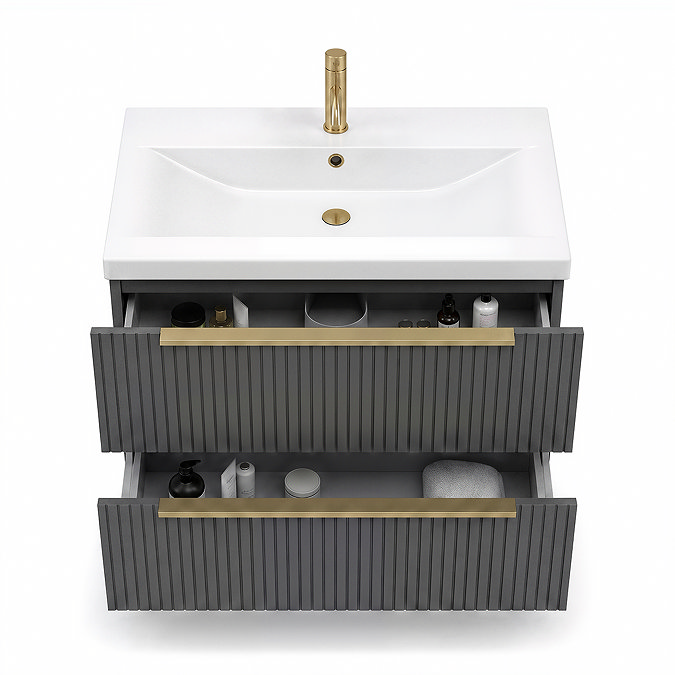 AquaSure Fluted Waterproof PVC Wall Hung Vanity Satin Anthracite - 800mm with Brushed Brass Handles