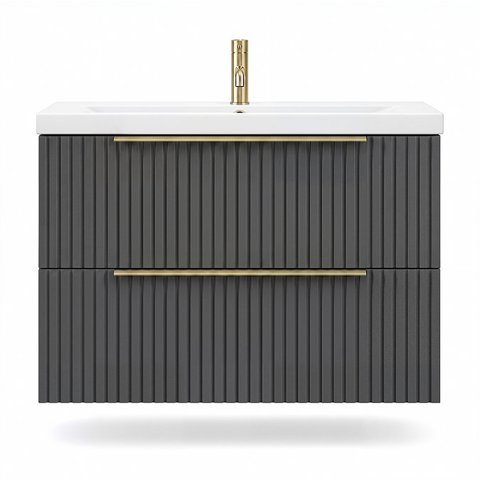 AquaSure Fluted Waterproof PVC Wall Hung Vanity Satin Anthracite - 800mm with Brushed Brass Handles