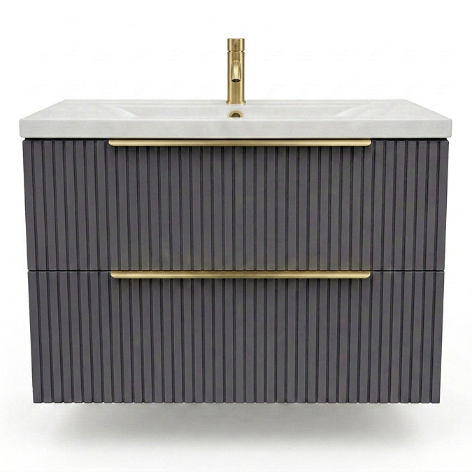 AquaSure Fluted Waterproof PVC Wall Hung Vanity Satin Anthracite - 800mm with Brushed Brass Handles