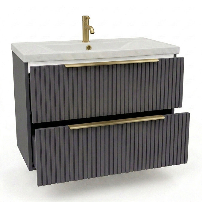 AquaSure Fluted Waterproof PVC Wall Hung Vanity Satin Anthracite - 800mm with Brushed Brass Handles
