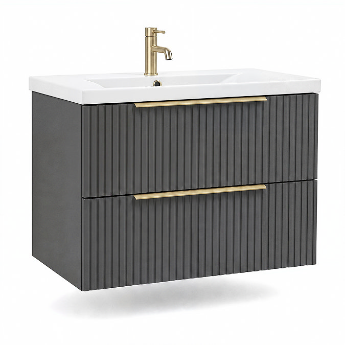 AquaSure Fluted Waterproof PVC Wall Hung Vanity Satin Anthracite - 800mm with Brushed Brass Handles