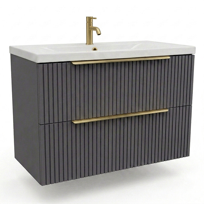 AquaSure Fluted Waterproof PVC Wall Hung Vanity Satin Anthracite - 800mm with Brushed Brass Handles