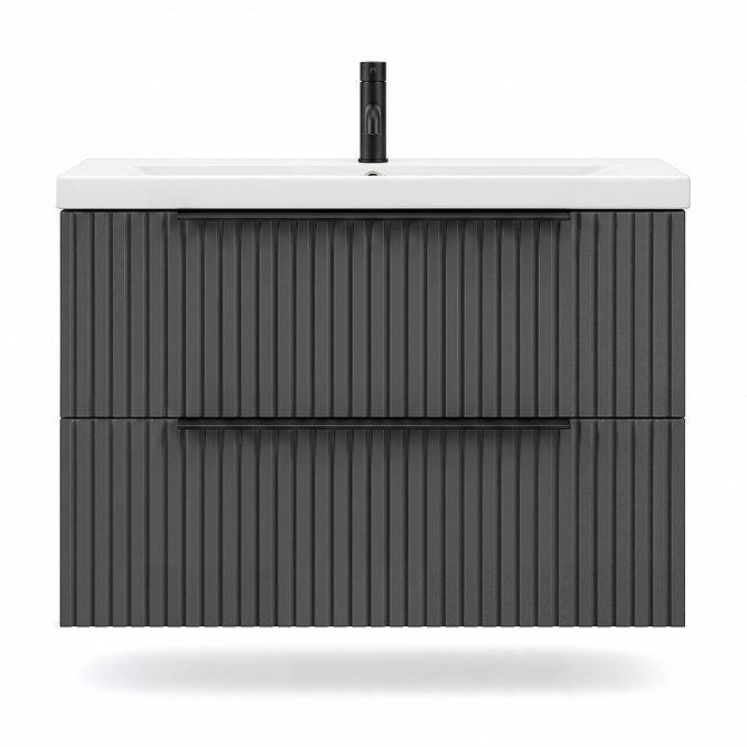 AquaSure Fluted Waterproof PVC Wall Hung Vanity Satin Anthracite - 800mm with Matt Black Handles