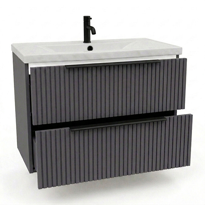 AquaSure Fluted Waterproof PVC Wall Hung Vanity Satin Anthracite - 800mm with Matt Black Handles