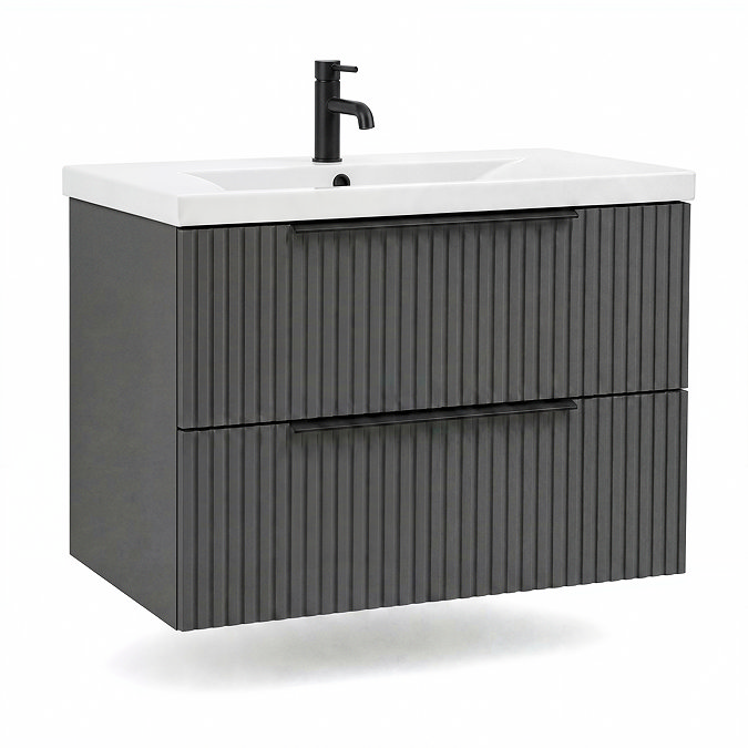 AquaSure Fluted Waterproof PVC Wall Hung Vanity Satin Anthracite - 800mm with Matt Black Handles