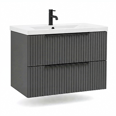 AquaSure Fluted Waterproof PVC Wall Hung Vanity Satin Anthracite - 800mm with Matt Black Handles