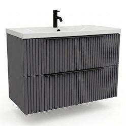AquaSure Fluted Waterproof PVC Wall Hung Vanity Satin Anthracite - 800mm with Matt Black Handles