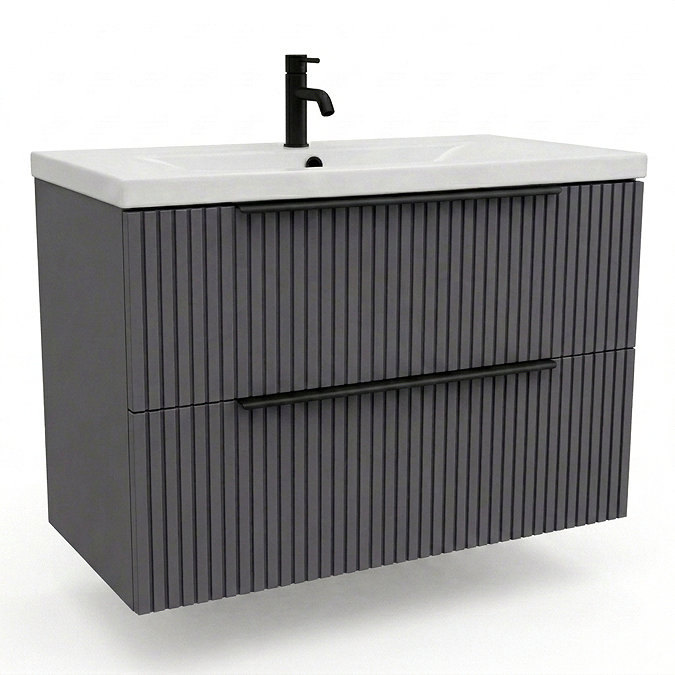 AquaSure Fluted Waterproof PVC Wall Hung Vanity Satin Anthracite - 800mm with Matt Black Handles