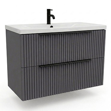 AquaSure Fluted Waterproof PVC Wall Hung Vanity Satin Anthracite - 800mm with Matt Black Handles