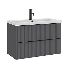 AquaSure Fluted Waterproof PVC Wall Hung Vanity Satin Anthracite - 800mm with Matt Black Handles