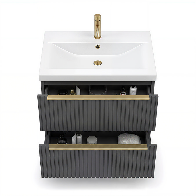 AquaSure Fluted Waterproof PVC Wall Hung Vanity Satin Anthracite - 600mm with Brushed Brass Handles