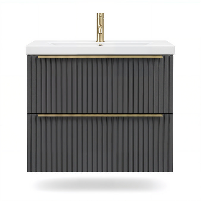 AquaSure Fluted Waterproof PVC Wall Hung Vanity Satin Anthracite - 600mm with Brushed Brass Handles