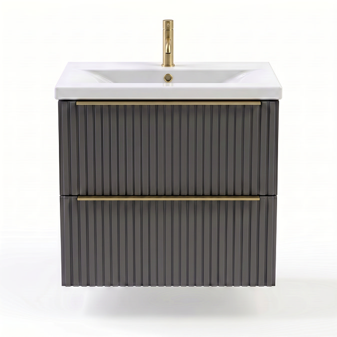 AquaSure Fluted Waterproof PVC Wall Hung Vanity Satin Anthracite - 600mm with Brushed Brass Handles