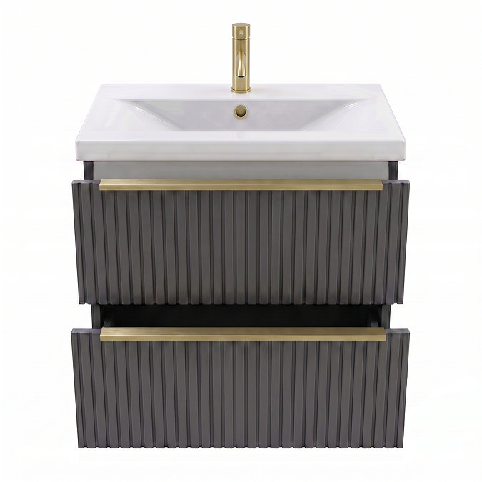 AquaSure Fluted Waterproof PVC Wall Hung Vanity Satin Anthracite - 600mm with Brushed Brass Handles