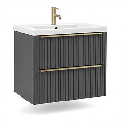 AquaSure Fluted Waterproof PVC Wall Hung Vanity Satin Anthracite - 600mm with Brushed Brass Handles