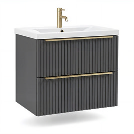 AquaSure Fluted Waterproof PVC Wall Hung Vanity Satin Anthracite - 600mm with Brushed Brass Handles