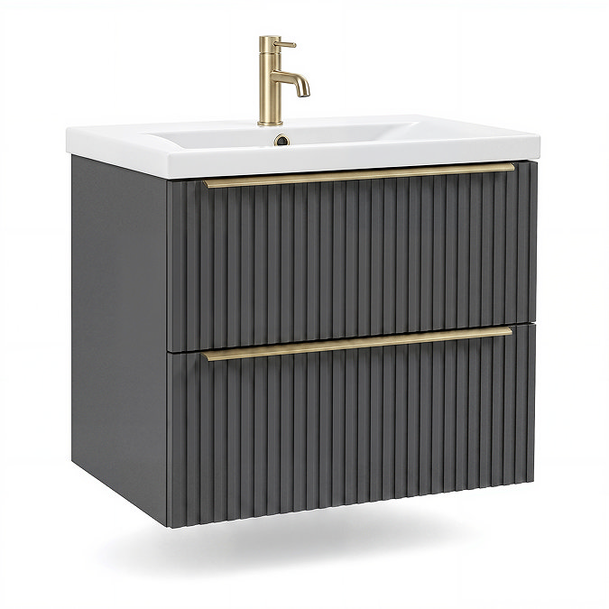 AquaSure Fluted Waterproof PVC Wall Hung Vanity Satin Anthracite - 600mm with Brushed Brass Handles