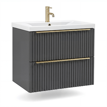 AquaSure Fluted Waterproof PVC Wall Hung Vanity Satin Anthracite - 600mm with Brushed Brass Handles