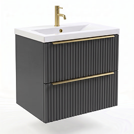 AquaSure Fluted Waterproof PVC Wall Hung Vanity Satin Anthracite - 600mm with Brushed Brass Handles