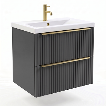 AquaSure Fluted Waterproof PVC Wall Hung Vanity Satin Anthracite - 600mm with Brushed Brass Handles