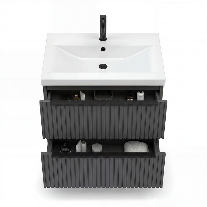 AquaSure Fluted Waterproof PVC Wall Hung Vanity Satin Anthracite - 600mm with Matt Black Handles