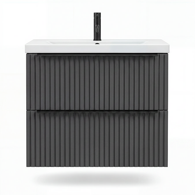 AquaSure Fluted Waterproof PVC Wall Hung Vanity Satin Anthracite - 600mm with Matt Black Handles