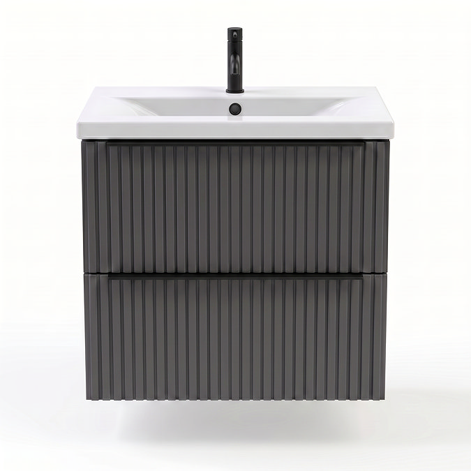 AquaSure Fluted Waterproof PVC Wall Hung Vanity Satin Anthracite - 600mm with Matt Black Handles