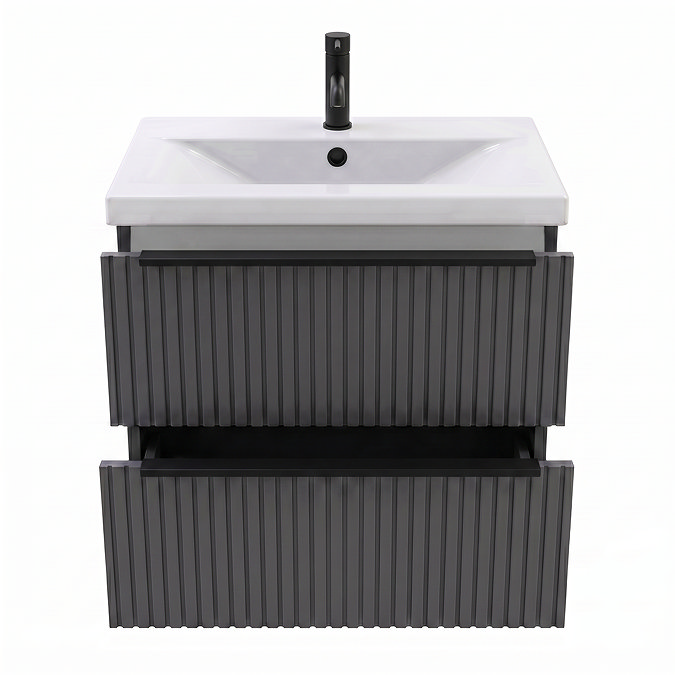 AquaSure Fluted Waterproof PVC Wall Hung Vanity Satin Anthracite - 600mm with Matt Black Handles