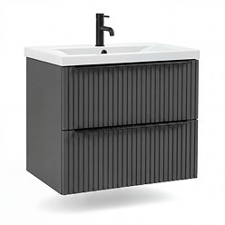 AquaSure Fluted Waterproof PVC Wall Hung Vanity Satin Anthracite - 600mm with Matt Black Handles