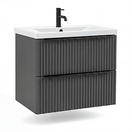 AquaSure Fluted Waterproof PVC Wall Hung Vanity Satin Anthracite - 600mm with Matt Black Handles